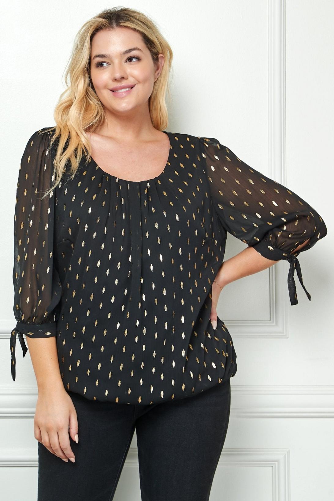 Dressbarn TOPS WOMENS Black 3 4 Tie Sleeve Bubble Blouse Plus Black Gold